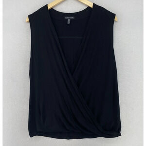 EILEEN FISHER Top L Stretch Viscose Jersey Surplice Faux Wrap Sleeveless Black